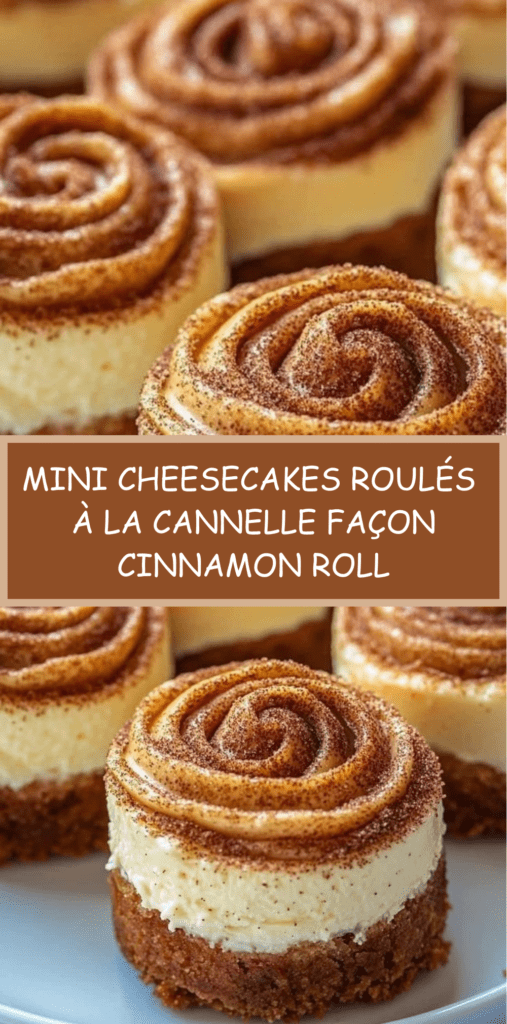 Mini cheesecakes roulés à la cannelle avec swirl façon cinnamon roll et glaçage crémeux.