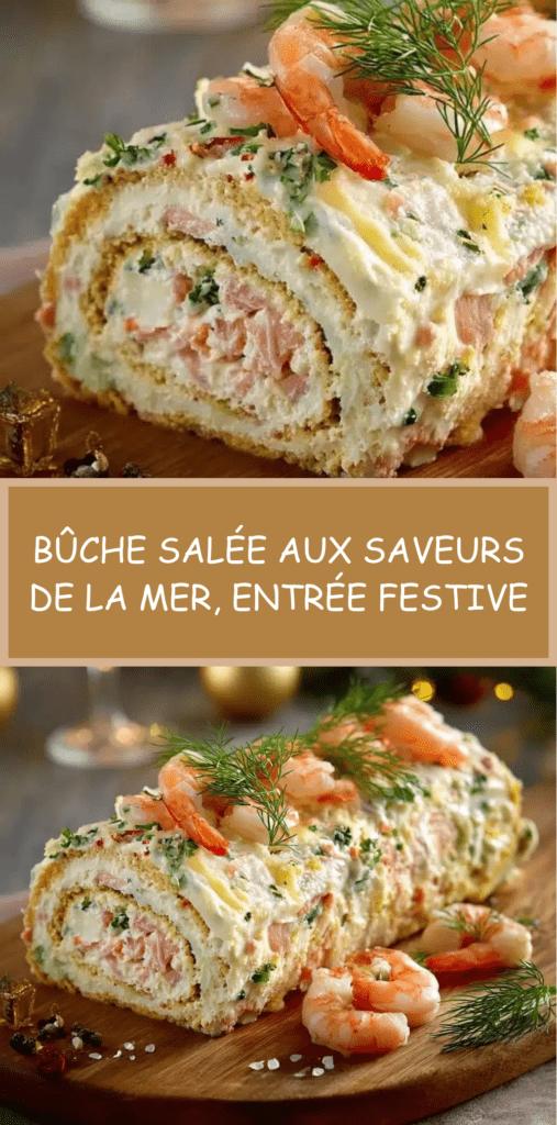 Bûche salée aux fruits de mer garnie de crevettes, saumon fumé et aneth, servie en entrée festive.