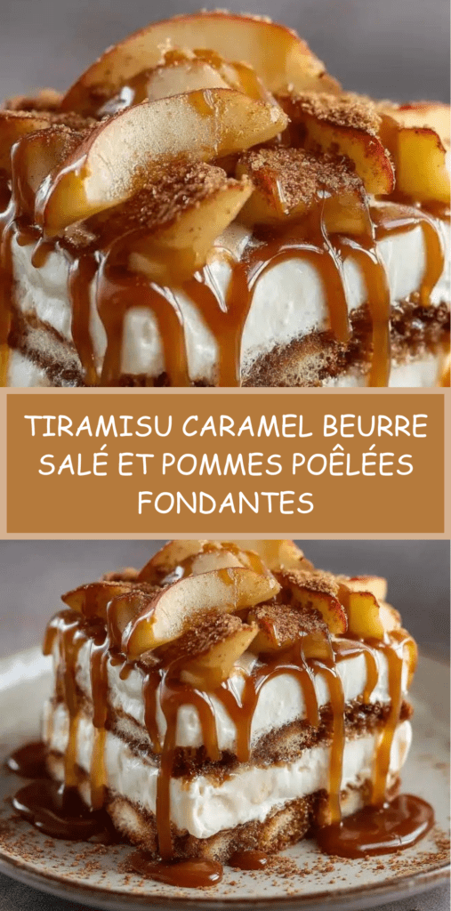 Tiramisu aux pommes poêlées et caramel beurre salé, dessert crémeux et fondant en verrines.