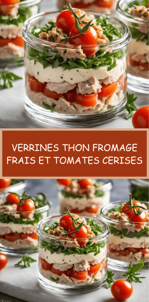 Verrines salées au thon, fromage frais et tomates cerises, servies froides en entrée légère.
