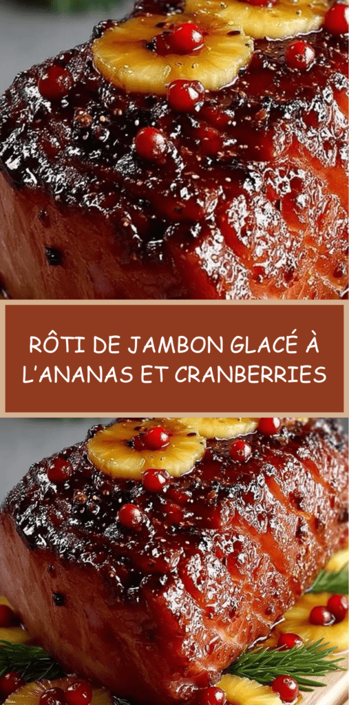 Rôti de jambon glacé à l’ananas et cranberries, servi avec une sauce brillante sucrée-salée.