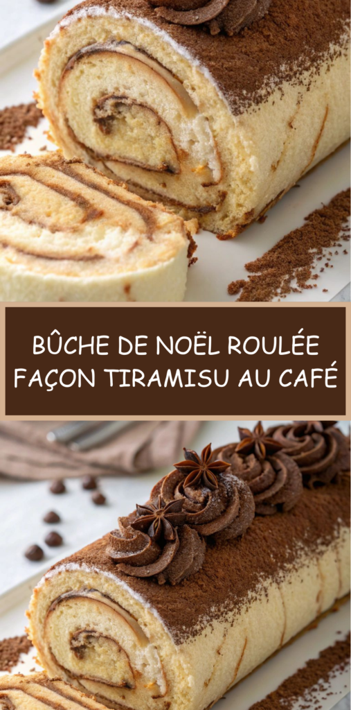 Bûche de Noël roulée façon tiramisu, recouverte de crème mascarpone et saupoudrée de cacao.