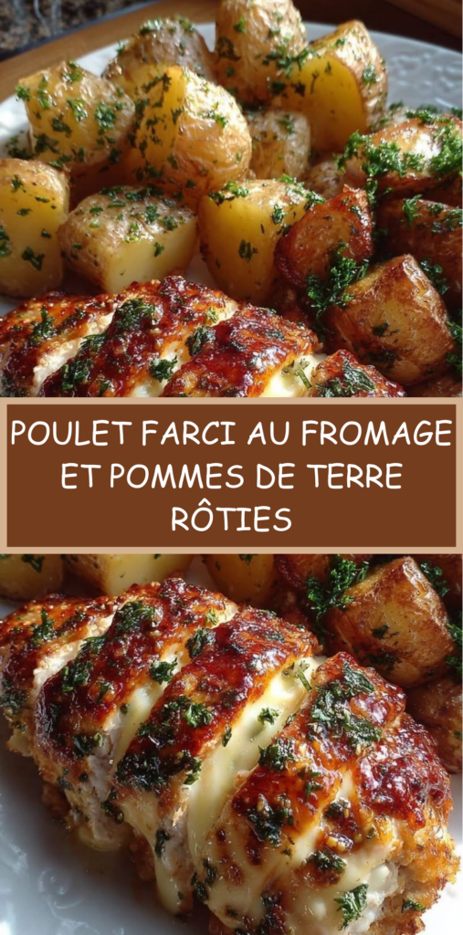 Poitrines de poulet farci au fromage fondu, servies avec des pommes de terre rôties dorées à l’ail et aux herbes.