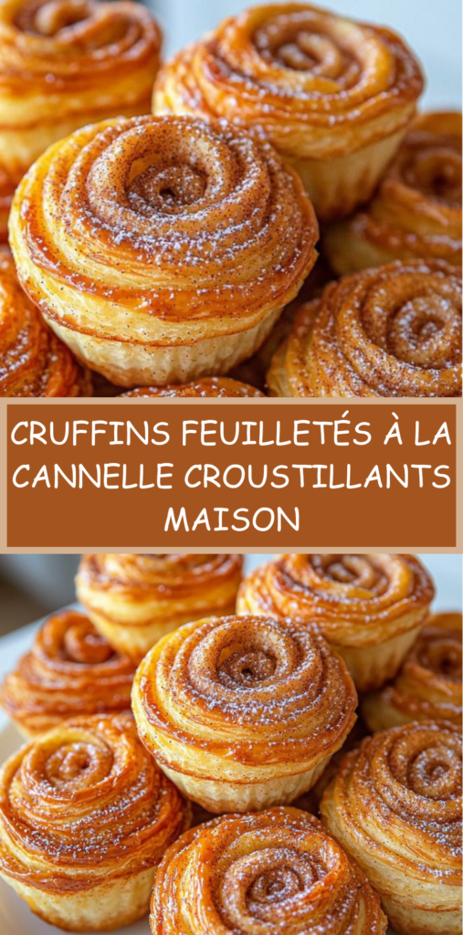 Cruffins feuilletés dorés à la cannelle, servis dans un moule à muffins et saupoudrés de sucre glace.