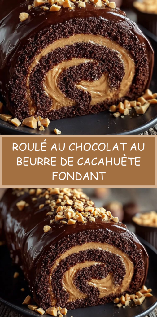 Gâteau roulé au chocolat garni de crème au beurre de cacahuète, recouvert d’un glaçage chocolat et de cacahuètes hachées.