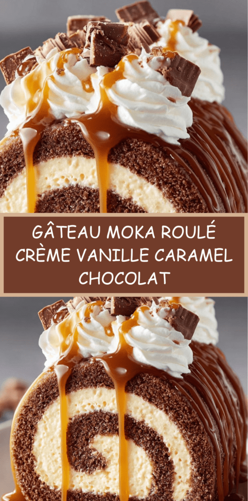 Gâteau moka roulé nappé de caramel, garni de crème vanille et décoré de morceaux de chocolat.