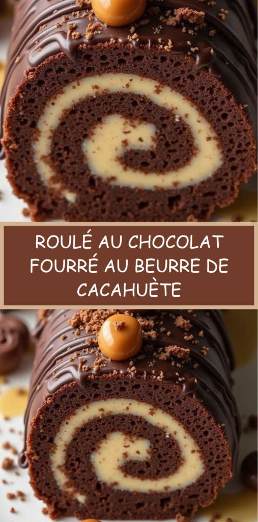 Gâteau roulé au chocolat garni de crème au beurre de cacahuète, recouvert d’un glaçage chocolat et parsemé de cacahuètes hachées.