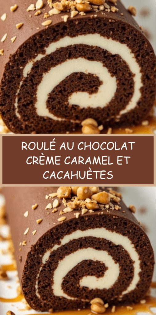 Gâteau roulé au chocolat garni de crème onctueuse, nappé de sauce caramel et décoré de cacahuètes concassées.