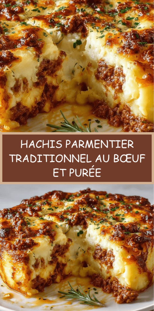 Hachis Parmentier traditionnel gratiné au four, composé de bœuf mijoté et de purée de pommes de terre maison.