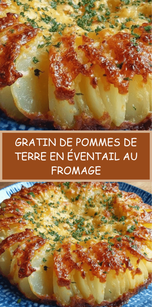 Gratin de pommes de terre en éventail doré au four, nappé de crème et gratiné au fromage.