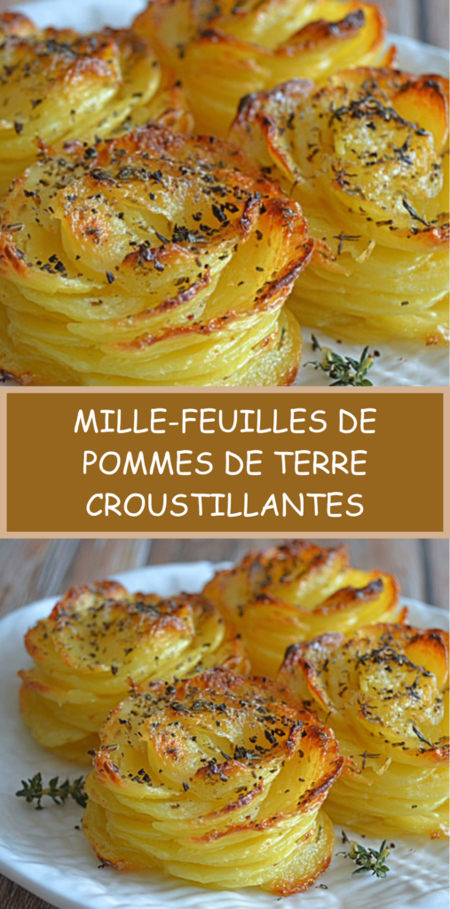 Rosaces de pommes de terre croustillantes superposées en mille-feuilles, dorées au four avec beurre, ail et parmesan.