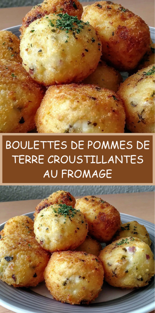 Boulettes de pommes de terre croustillantes dorées, garnies de fromage frais fondant, servies chaudes sur une assiette.