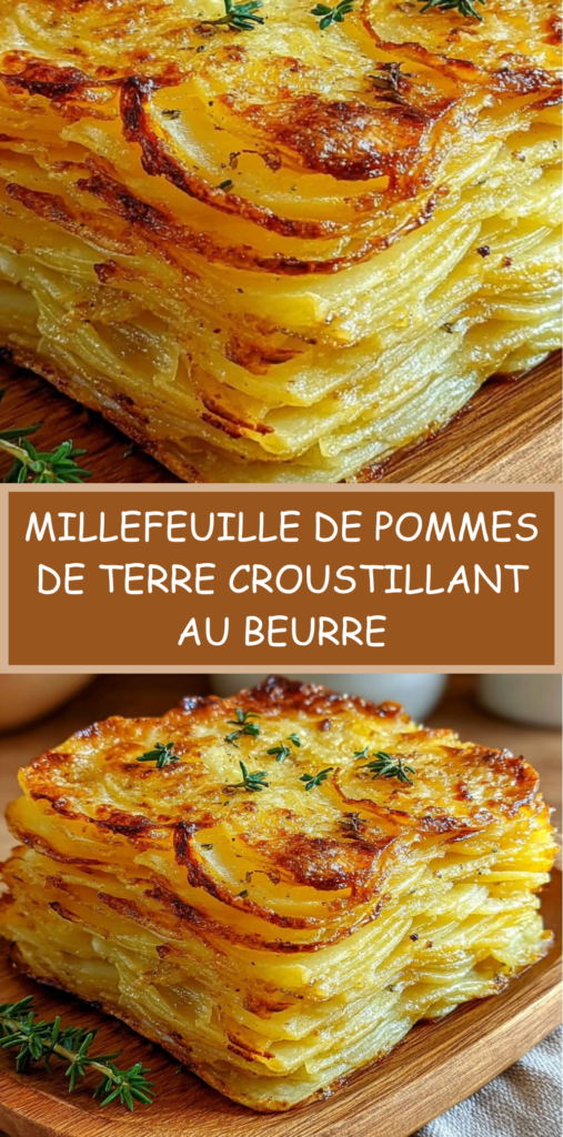 Millefeuille de pommes de terre croustillant découpé en parts nettes, doré au beurre noisette et parfumé au thym.