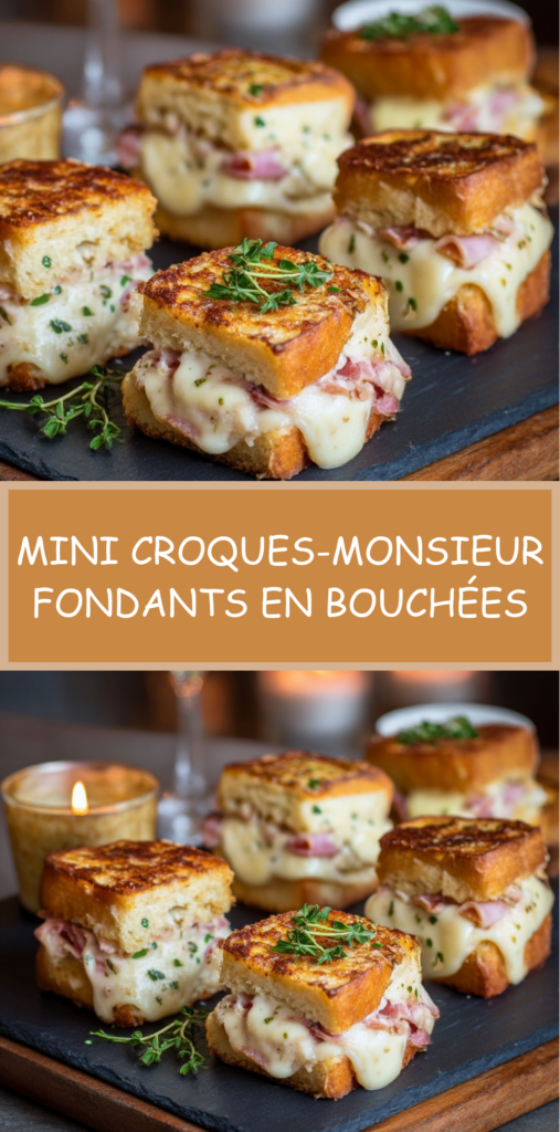 Mini croques-monsieur dorés et fondants, coupés en bouchées, garnis de fromage fondu et jambon, servis à l’apéritif.
