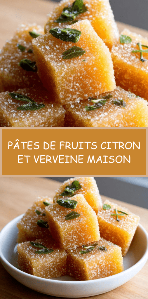 Pâtes de fruits citron et verveine coupées en cubes, roulées dans le sucre cristal, à la texture lisse et brillante.