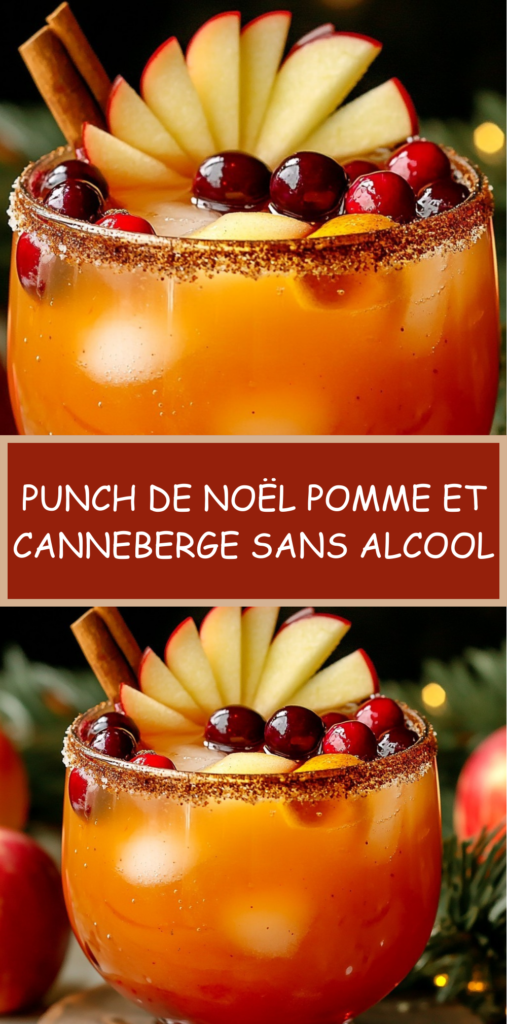 Punch de Noël pomme et canneberge servi frais, garni de fruits rouges, tranches de pomme et bâton de cannelle.