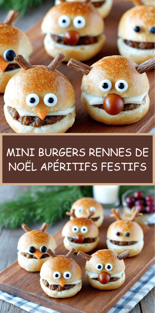 Mini burgers apéritifs décorés en rennes de Noël avec fromage fondu, olives noires, tomates cerises et bretzels salés.