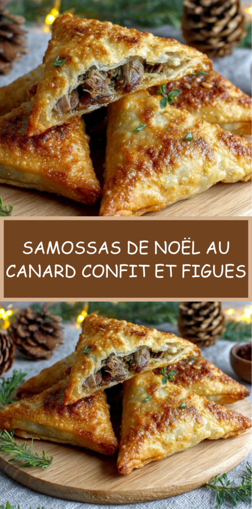 Samossas de Noël croustillants garnis de canard confit, figues et échalotes caramélisées, dorés au four et servis pour Noël.