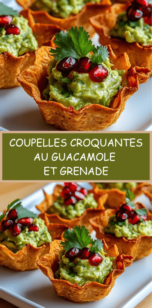 Mini coupelles tortillas croustillantes garnies de guacamole crémeux et de graines de grenade fraîches.