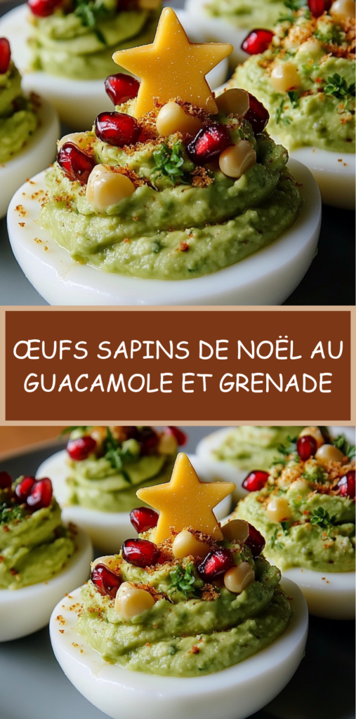 Œufs durs décorés en forme de sapins de Noël, garnis de guacamole vert et de graines de grenade rouges.