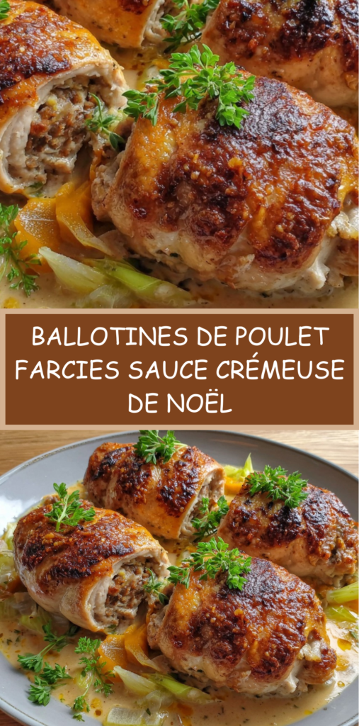 Ballotines de poulet farcies aux champignons, nappées de sauce crémeuse aux légumes, servies dans une assiette festive.