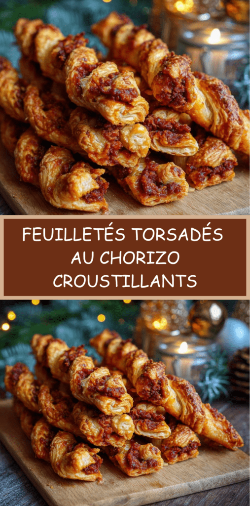 Feuilletés torsadés au chorizo dorés au four, croustillants, garnis de fromage fondu et servis pour l’apéritif.