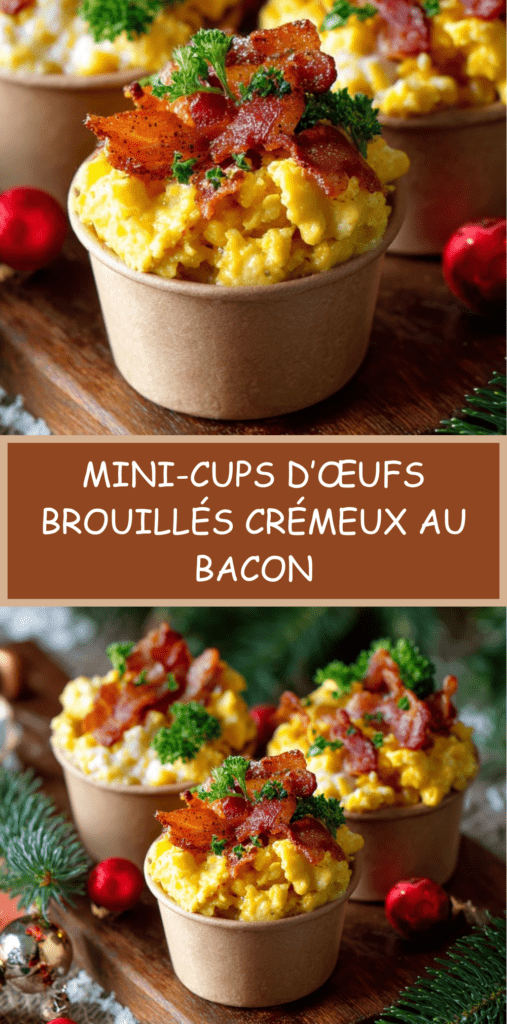 Mini-cups d’œufs brouillés crémeux garnis de bacon croustillant et d’herbes fraîches, servis en portions individuelles.