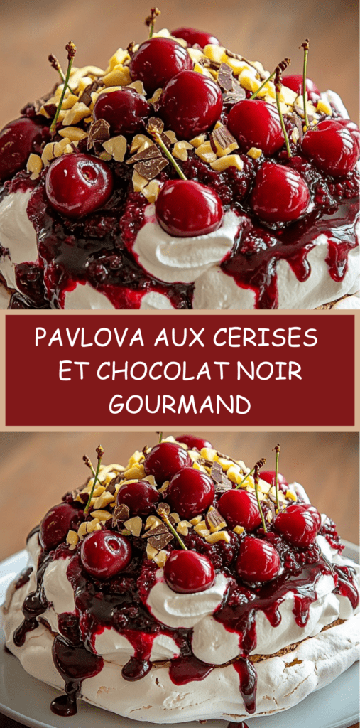 Pavlova aux cerises fraîches nappée d’un coulis noir épais, crème fouettée vanillée et éclats de chocolat noir.