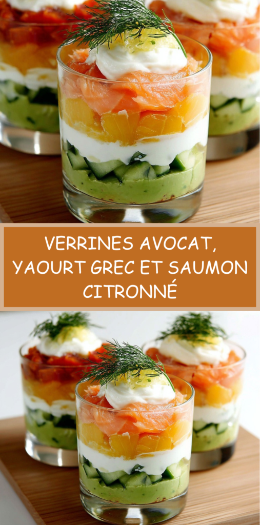 Verrines d’avocat crémeux, yaourt grec onctueux et saumon citronné, garnies d’aneth frais et de dés de concombre.