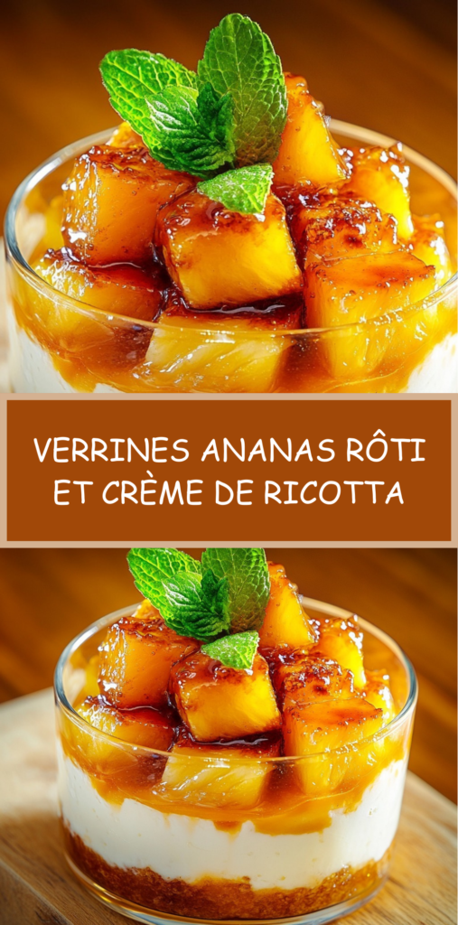 Verrines dessert à l’ananas rôti caramélisé, crème de ricotta légère à la vanille et base biscuitée, décorées de menthe fraîche.
