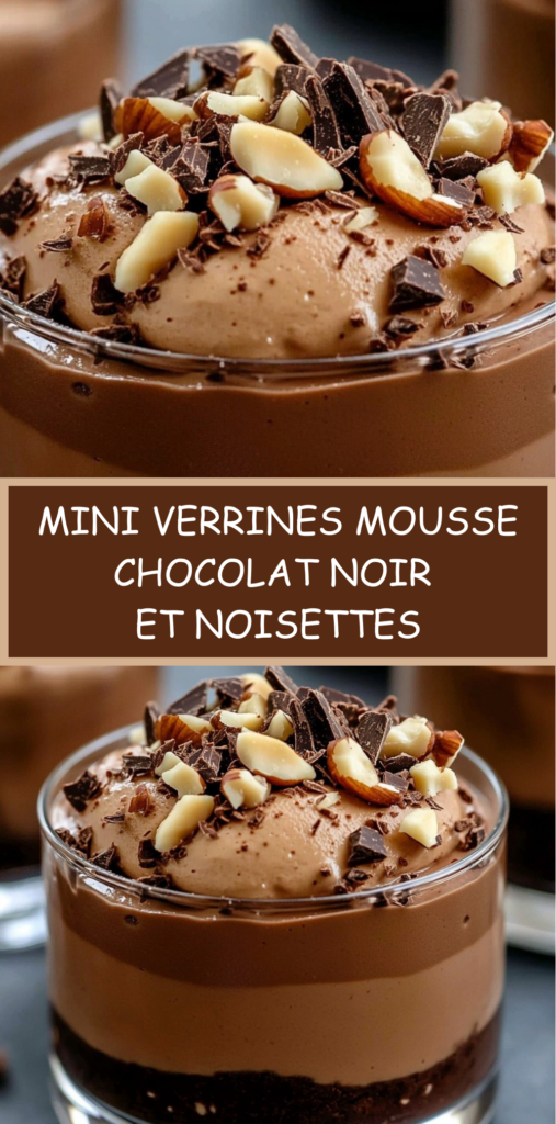 Mini verrines de mousse au chocolat noir aérienne, sur base biscuit chocolat, garnies d’éclats de noisette et copeaux de chocolat.