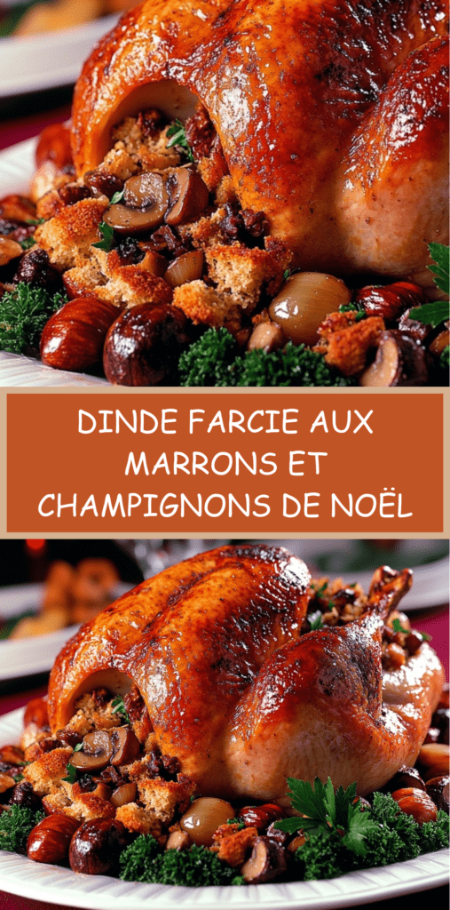 Dinde farcie aux marrons et champignons, peau dorée et croustillante, servie avec oignons grelots et jus de cuisson.