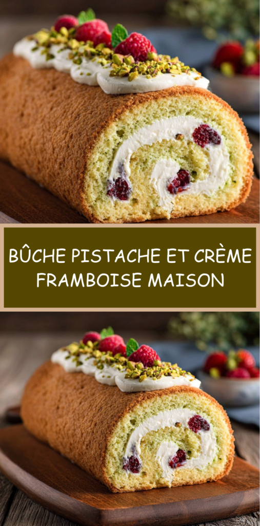 Bûche roulée à la génoise pistache garnie de crème framboise, décorée de pistaches concassées, framboises fraîches et menthe.