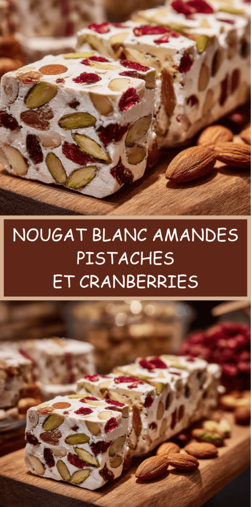 Nougat blanc artisanal aux amandes torréfiées, pistaches vertes et cranberries rouges, découpé en tranches régulières.