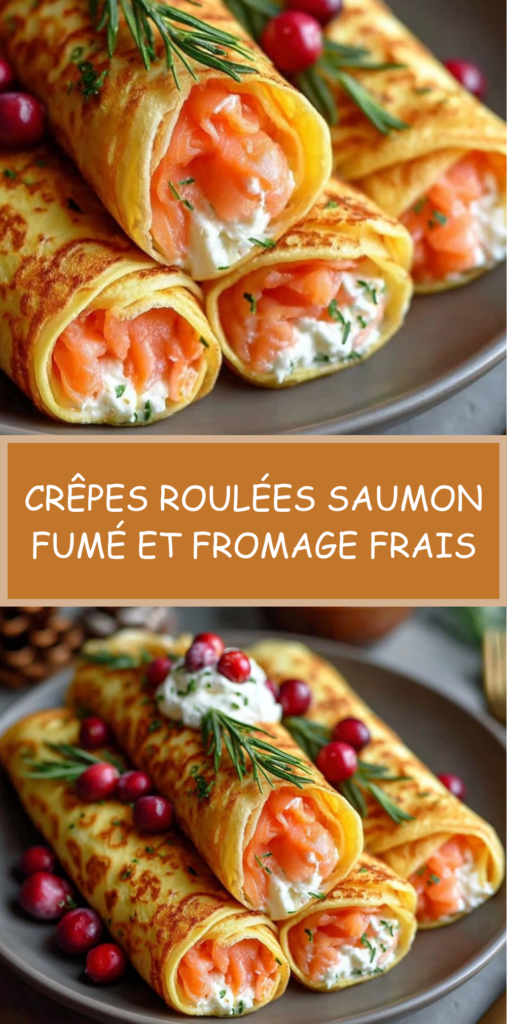 Crêpes roulées garnies de fromage frais citronné, saumon fumé, aneth et canneberges, dressées en entrée festive.