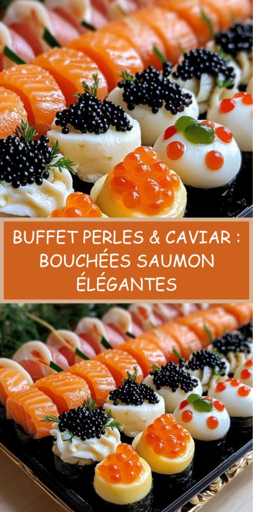 Buffet et Assortiment de bouchées festives au saumon, caviar noir, œufs de caille et tartelettes garnies de fromage frais et œufs de saumon.