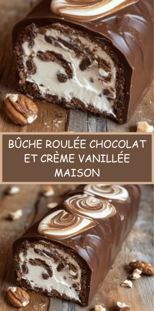 Bûche roulée au chocolat garnie de crème vanillée, recouverte d’une ganache brillante et décorée de fruits secs.