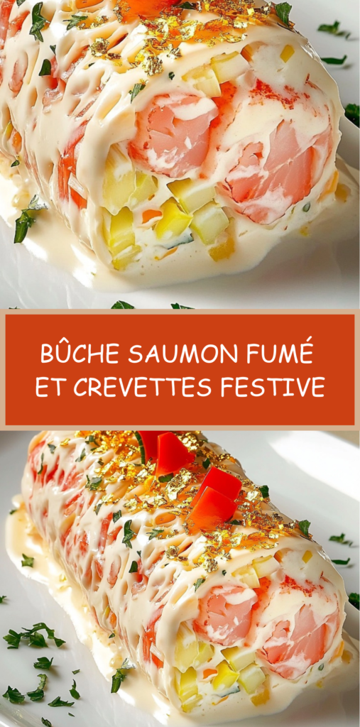 Bûche salée au saumon fumé garnie de crevettes, fromage frais citronné, concombre et herbes fraîches, décorée de poivron rouge.