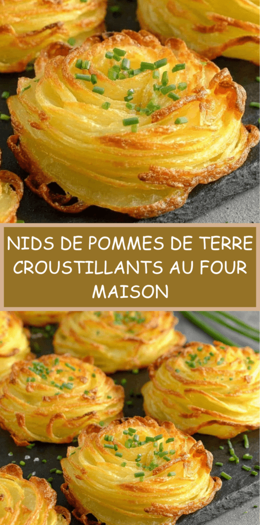 Nids de pommes de terre dorés et croustillants au four, dressés sur une plaque avec ciboulette ciselée, texture légère et aérée, prêts à être dégustés