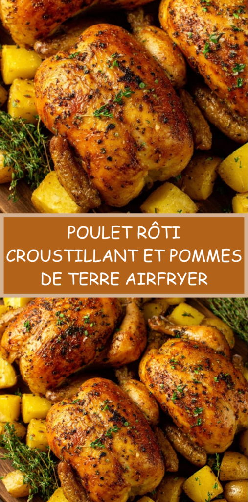 Cuisses de poulet rôti croustillantes au Airfryer accompagnées de pommes de terre dorées en cubes, servies chaudes dans un plat familial