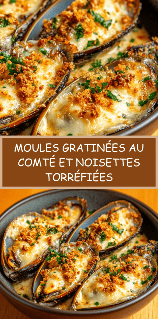 Moules gratinées au comté affiné avec noisettes torréfiées dorées au four, disposées dans un plat, fromage fondant et surface croustillante