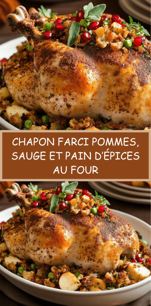 Chapon farci rôti aux pommes, sauge et pain d’épices, doré au four avec farce visible et graines de grenade en finition