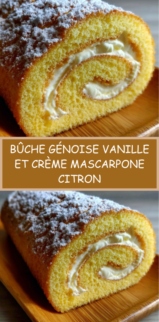 Bûche roulée à la génoise vanille Bourbon garnie de crème mascarpone citron, décorée de sucre glace, découpée en tranches montrant une spirale régulière