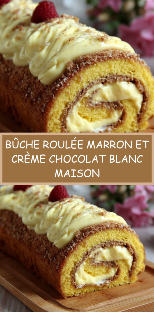 Bûche roulée garnie de crème de marrons et crème chocolat blanc, décorée de noix de coco et framboises, montrant une spirale régulière à la découpe