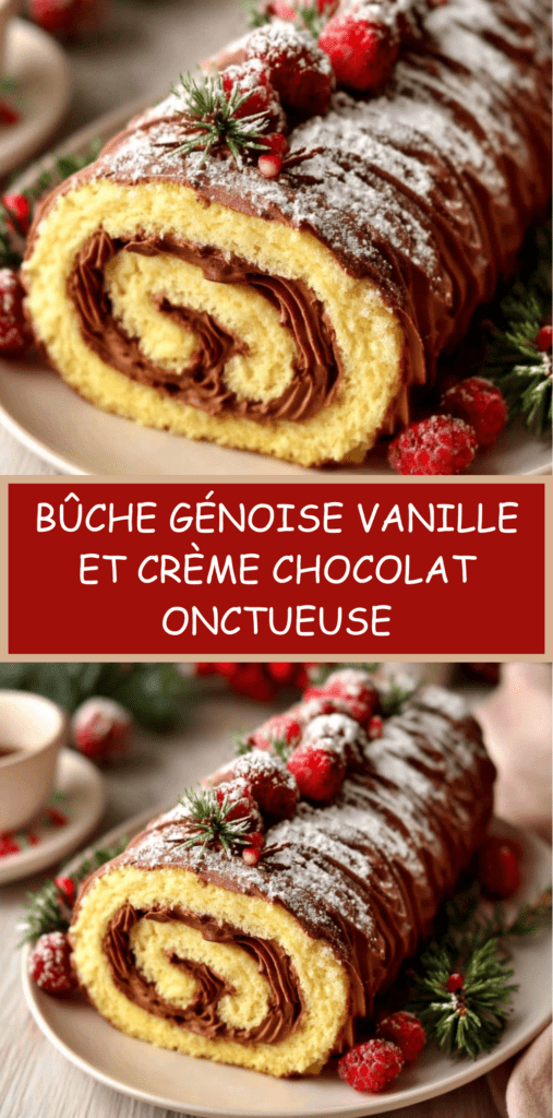 Bûche génoise vanille garnie de crème chocolat, nappée de chocolat noir et décorée de framboises et brins de romarin façon fête