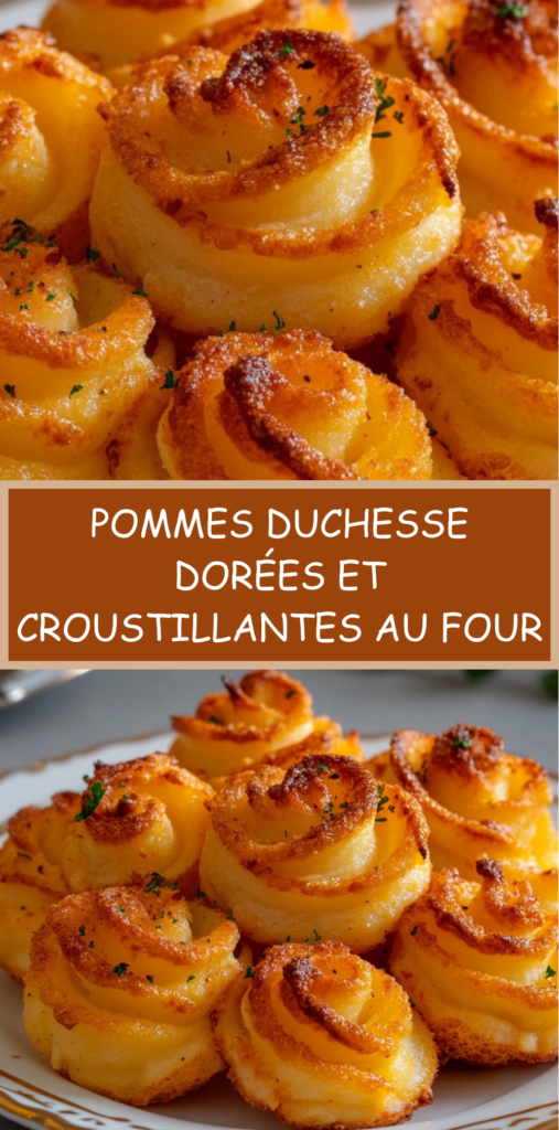 Pommes duchesse dorées et croustillantes dressées en rosaces régulières sur une plaque de cuisson, texture légère et fondante à l’intérieur