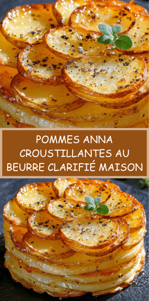 Pommes Anna dorées et croustillantes disposées en disque régulier, tranches fines superposées et brillantes au beurre clarifié