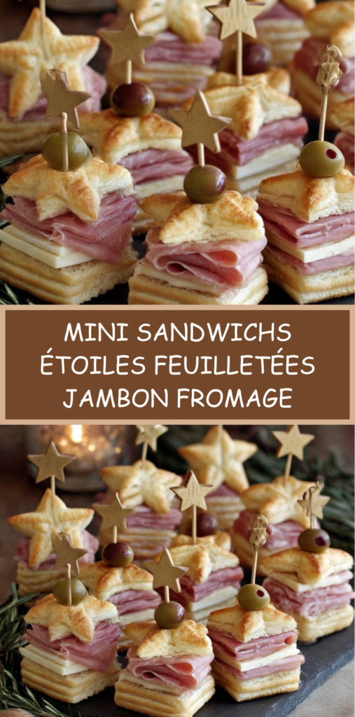 Mini sandwichs étoiles feuilletées garnies de jambon et fromage, montées en sandwichs et décorées d’une olive sur un pic, présentées sur un plateau festif