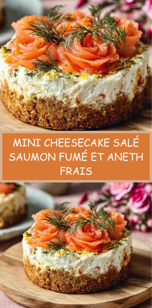 Mini cheesecake salés garnis de saumon fumé roulé en rosaces et d’aneth frais, présentés en petites portions individuelles sur une assiette