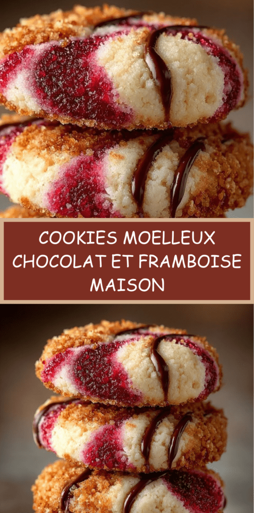 Cookies moelleux au chocolat garnis de confiture de framboise au centre, légèrement dorés sur les bords et présentés sur une plaque de cuisson